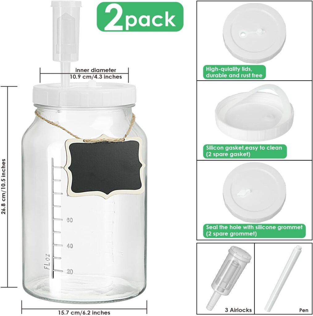 2 Pack 1 Gallon Large Fermentation Jars with 3 Airlocks and 2 SCREW Lids(100% Airtight Heavy Duty Lid w Silicone) - Wide Mouth Glass Jars w Scale Mark - Pickle Jars for Sauerkraut, Sourdough Starte