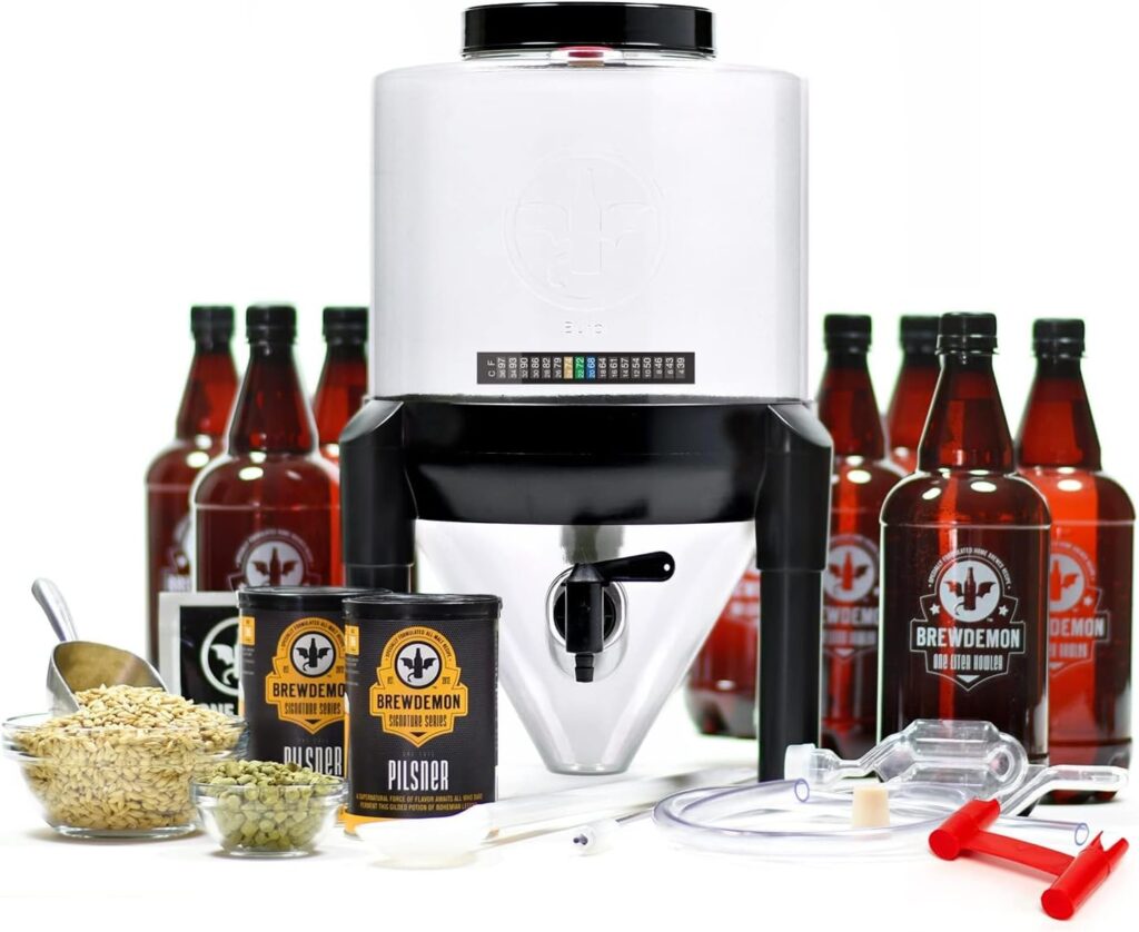 BrewDemon Craft Beer Brewing Kit Signature Pro with Bottles - Conical Fermenter Eliminates Sediment and Makes Great Tasting Home Brewed Beer - 2 gallon Pilsner