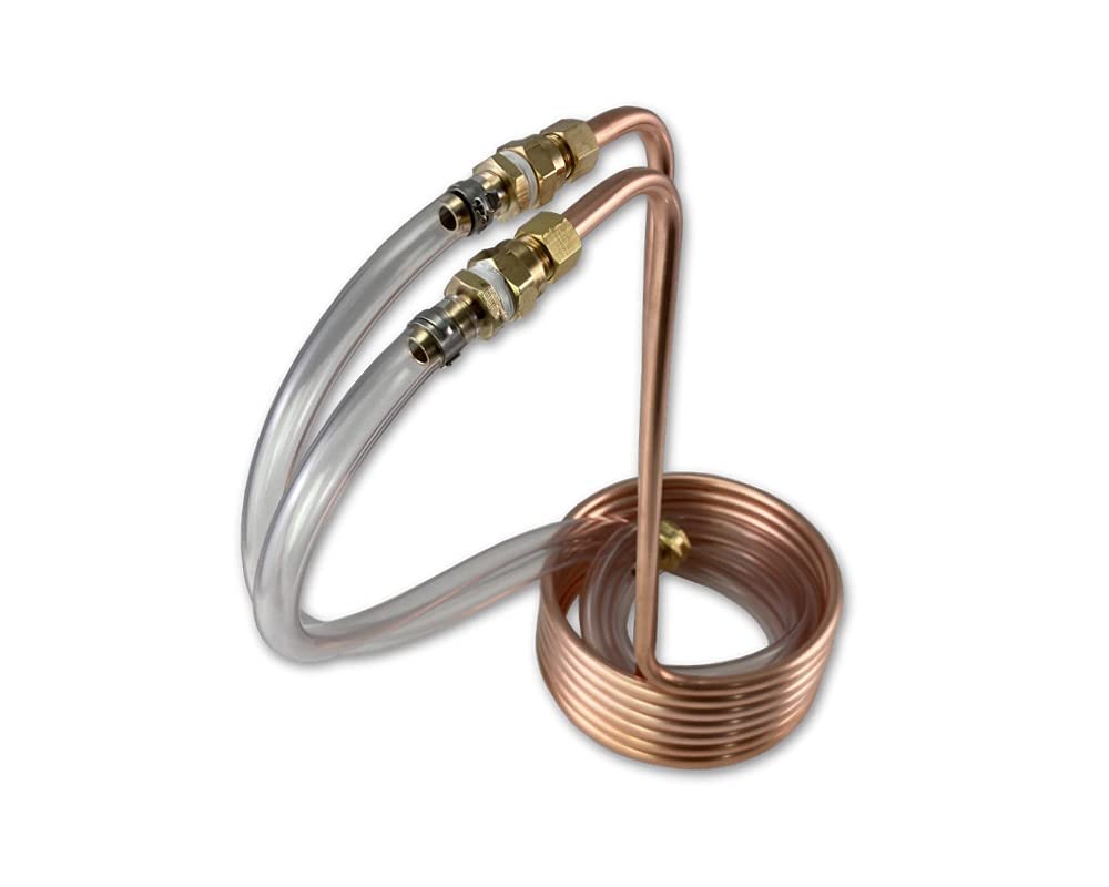 Coldbreak Homebrew 9-15 Gallon Batch Copper Immersion Wort Chiller, X-Large, 3/8” x 60 Pure Copper, Leak Free Compression Barbs, Tubing and Garden Hose Fitting, USA Made