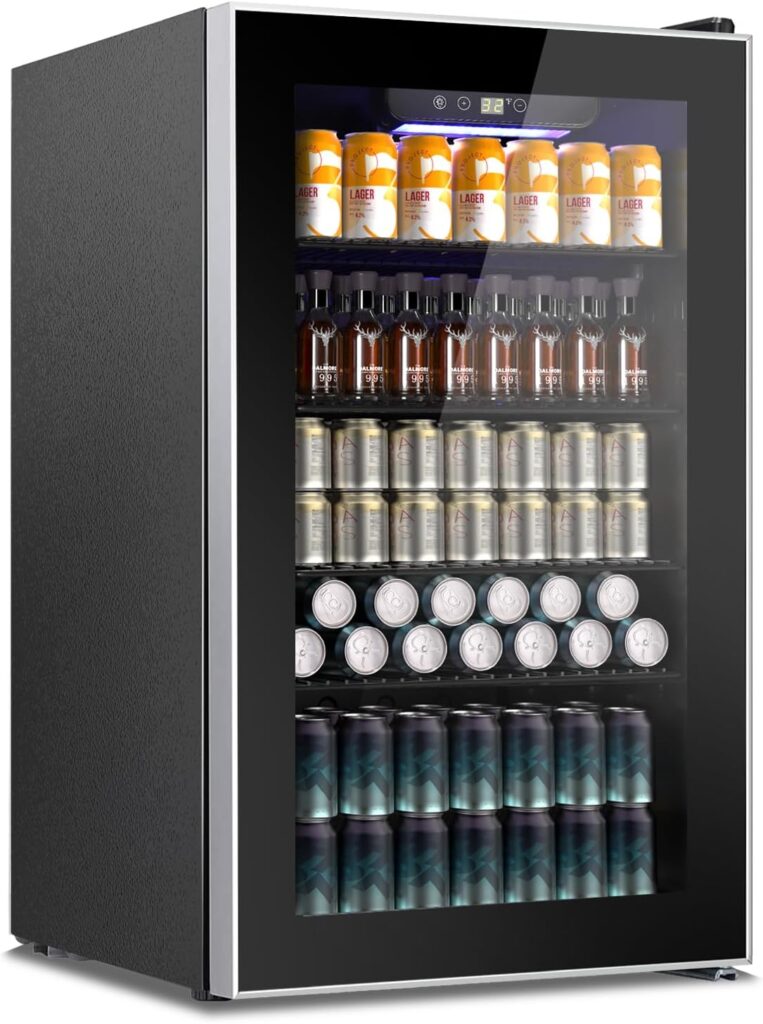 Kndko Beverage Refrigerator and Cooler, Mini Fridge 130 Can, Little Cooler with Digital Display 32~61℉, Small Refrigerator with 4 Shelves for Home Office, Bedroom, Garage, Game Room,3.2 Cu.Ft