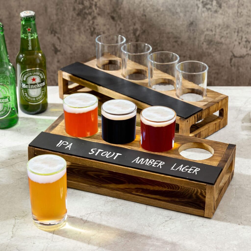MyGift Beer Sampler Tray Urban Rustic Torched Wood Serving Set with 4 Glasses and Erasable Chalkboard Label, Beer Tasting Paddle Carrier Sampling Flight, Set of 2